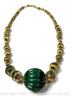 Large Carved Fluted Malachite Bead Necklace with Gold Tone Beads. 