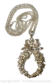 Victorian Cast Sterling Silver Bow and Wreath Pendant on Double Chain Necklace