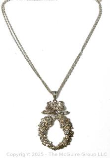 Victorian Cast Sterling Silver Bow and Wreath Pendant on Double Chain Necklace