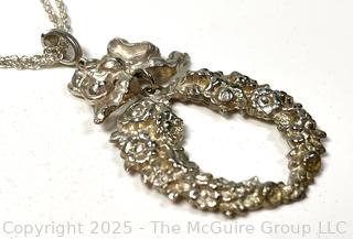 Victorian Cast Sterling Silver Bow and Wreath Pendant on Double Chain Necklace