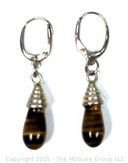 Pair of Sterling Silver and Tiger Eye Drop Earrings