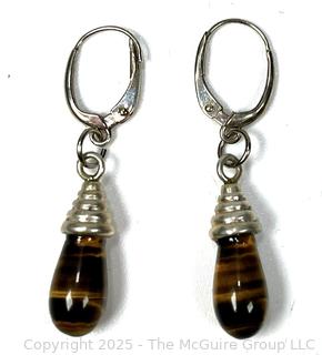 Pair of Sterling Silver and Tiger Eye Drop Earrings