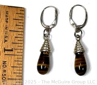 Pair of Sterling Silver and Tiger Eye Drop Earrings