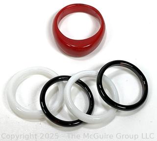 Five (5) Stackable Rings in Red Coral and Black & White Glass