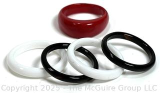 Five (5) Stackable Rings in Red Coral and Black & White Glass