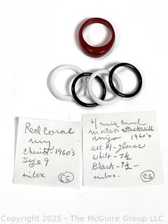 Five (5) Stackable Rings in Red Coral and Black & White Glass