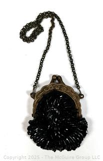 Small Black Glass Beaded Antique Evening Bag with Chain.