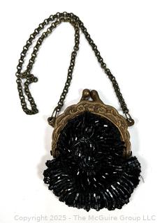 Small Black Glass Beaded Antique Evening Bag with Chain.