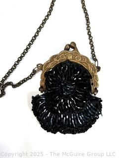 Small Black Glass Beaded Antique Evening Bag with Chain.