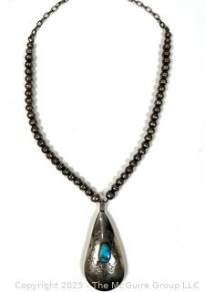 Native American Navajo Sterling & Turquoise Pendant on Sterling Beads Necklace Signed by Artist Mary Chavez. 