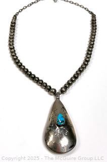 Native American Navajo Sterling & Turquoise Pendant on Sterling Beads Necklace Signed by Artist Mary Chavez. 