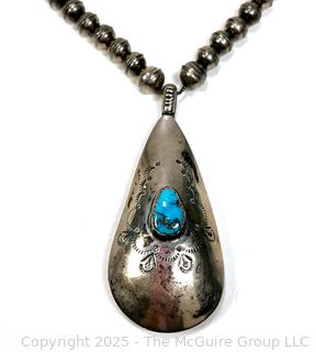 Native American Navajo Sterling & Turquoise Pendant on Sterling Beads Necklace Signed by Artist Mary Chavez. 