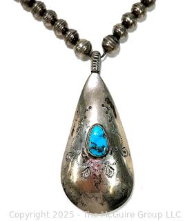 Native American Navajo Sterling & Turquoise Pendant on Sterling Beads Necklace Signed by Artist Mary Chavez. 