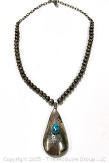 Native American Navajo Sterling & Turquoise Pendant on Sterling Beads Necklace Signed by Artist Mary Chavez. 