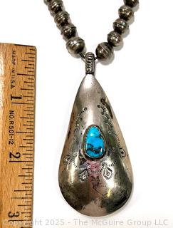 Native American Navajo Sterling & Turquoise Pendant on Sterling Beads Necklace Signed by Artist Mary Chavez. 