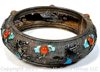 Chinese Sterling Silver with Enamel Applied Horses and Gemstones Hinged Bangle Bracelet.  Catch broken.