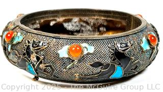 Chinese Sterling Silver with Enamel Applied Horses and Gemstones Hinged Bangle Bracelet.  Catch broken.