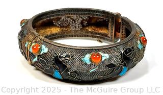 Chinese Sterling Silver with Enamel Applied Horses and Gemstones Hinged Bangle Bracelet.  Catch broken.