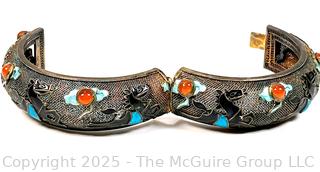 Chinese Sterling Silver with Enamel Applied Horses and Gemstones Hinged Bangle Bracelet.  Catch broken.