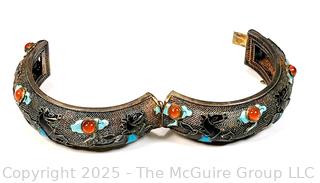 Chinese Sterling Silver with Enamel Applied Horses and Gemstones Hinged Bangle Bracelet.  Catch broken.