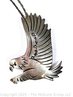 Sterling Silver Native American Navajo Flying Eagle Brooch Pendant Signed by artist HIJE on Chain