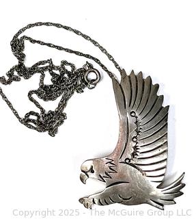 Sterling Silver Native American Navajo Flying Eagle Brooch Pendant Signed by artist HIJE on Chain