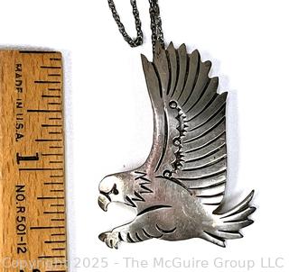 Sterling Silver Native American Navajo Flying Eagle Brooch Pendant Signed by artist HIJE on Chain