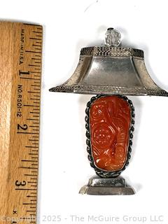 Sterling Silver with Carved Carnelian Stone Center Lamp Shaped Pendant.  