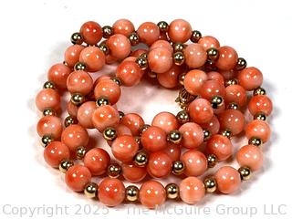 Round Pink Coral Bead Necklace with 14Kt Yellow Gold Beads and Clasp