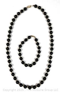 Black Onyx Bead Necklace and Matching Bracelet with 14Kt Yellow Findings