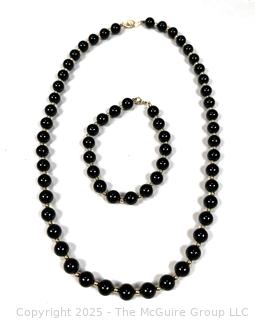 Black Onyx Bead Necklace and Matching Bracelet with 14Kt Yellow Findings