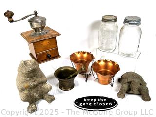 Group Including Cement Frog and Turtle, Coffee Mill, Glass Jars, Copper Decor, Gate Sign and Bronze Mortar and Pestle