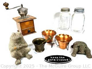 Group Including Cement Frog and Turtle, Coffee Mill, Glass Jars, Copper Decor, Gate Sign and Bronze Mortar and Pestle