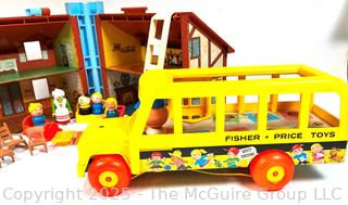 Fisher Price Toys Including Little People House and School Bus.  Crayon on Roof