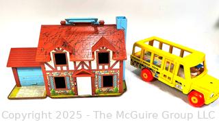 Fisher Price Toys Including Little People House and School Bus.  Crayon on Roof