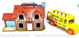 Fisher Price Toys Including Little People House and School Bus.  Crayon on Roof