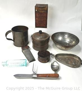 Metal Ware Including Camp Knife, Tin, Pharmacy Bottle and Cookware