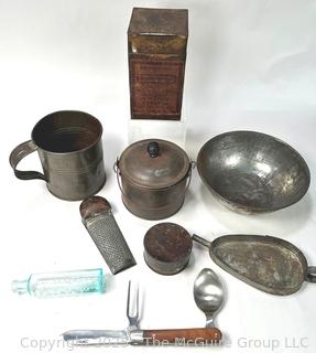 Metal Ware Including Camp Knife, Tin, Pharmacy Bottle and Cookware