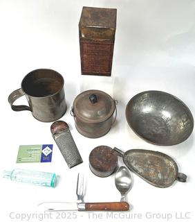 Metal Ware Including Camp Knife, Tin, Pharmacy Bottle and Cookware