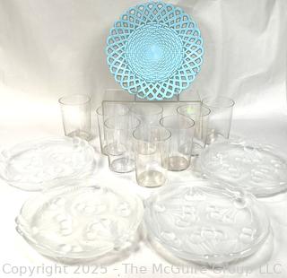 Glassware Including Frosted Dessert Plates, Clear Iridescent Glass Tumblers and Sowerby Blue Milk Glass Plate