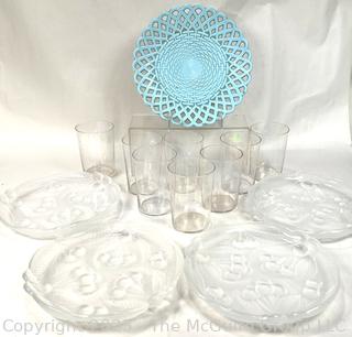 Glassware Including Frosted Dessert Plates, Clear Iridescent Glass Tumblers and Sowerby Blue Milk Glass Plate