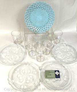 Glassware Including Frosted Dessert Plates, Clear Iridescent Glass Tumblers and Sowerby Blue Milk Glass Plate