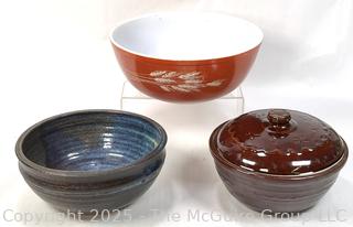 Three (3) Bowls Including Pyrex Mixing Bowl and Two Pottery Serving Bowls