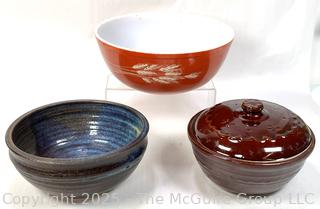 Three (3) Bowls Including Pyrex Mixing Bowl and Two Pottery Serving Bowls