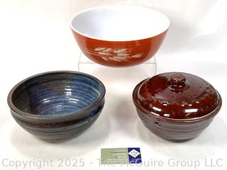 Three (3) Bowls Including Pyrex Mixing Bowl and Two Pottery Serving Bowls