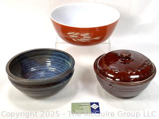 Three (3) Bowls Including Pyrex Mixing Bowl and Two Pottery Serving Bowls