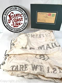 Train Items Including US Domestic Mail Bag, Sign and Framed Atlantic Coast Line Railroad Letter