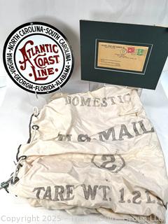 Train Items Including US Domestic Mail Bag, Sign and Framed Atlantic Coast Line Railroad Letter