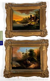 Pair of Gilt Framed Oil on Board ???? Bucolic Scenes, Unsigned