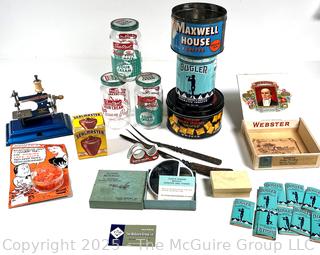 Advertising Tins, Gummed Cigarette Papers, Children's Sewing Machine, Stag-horn Carving Set, Novelty and vintage Items. 